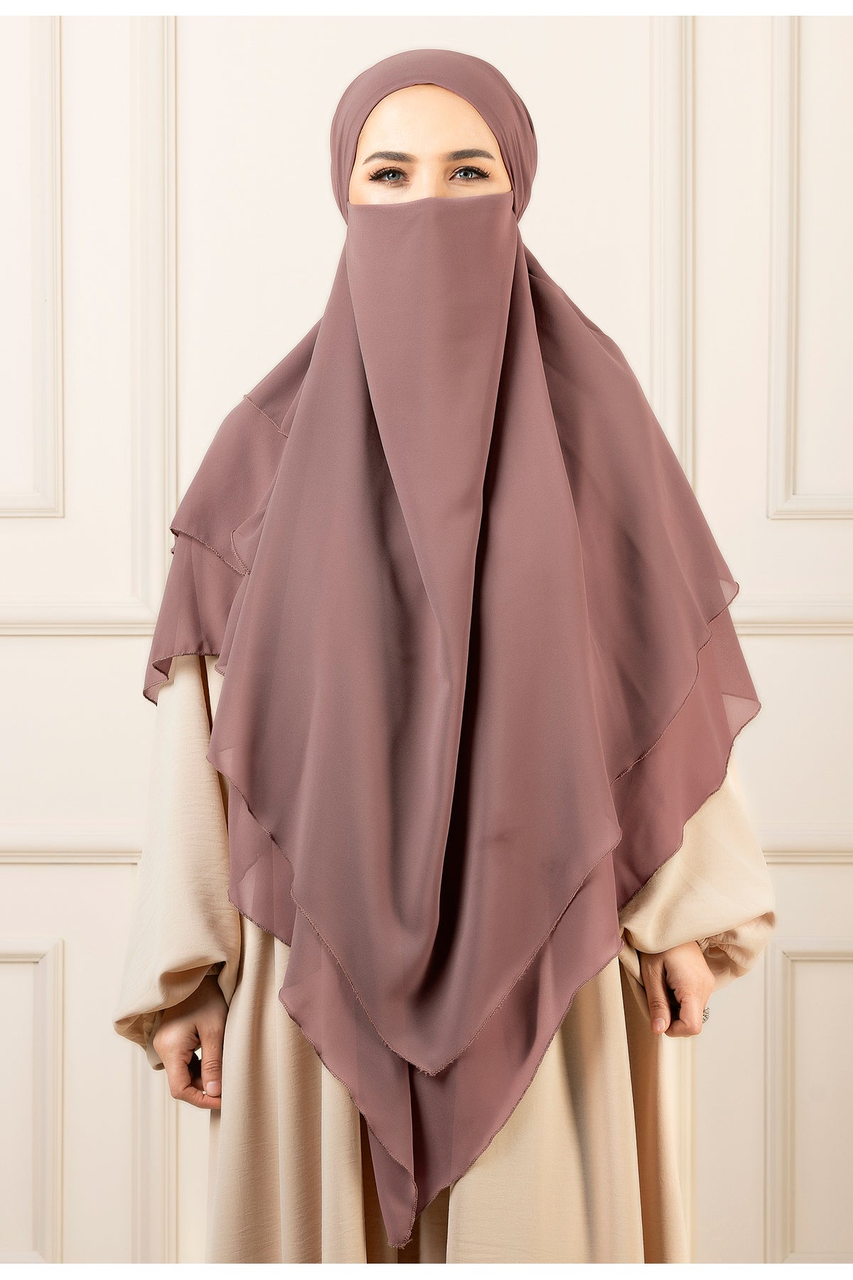 Long Layered Chiffon Khimar with Tie-Back Niqab — Pembe