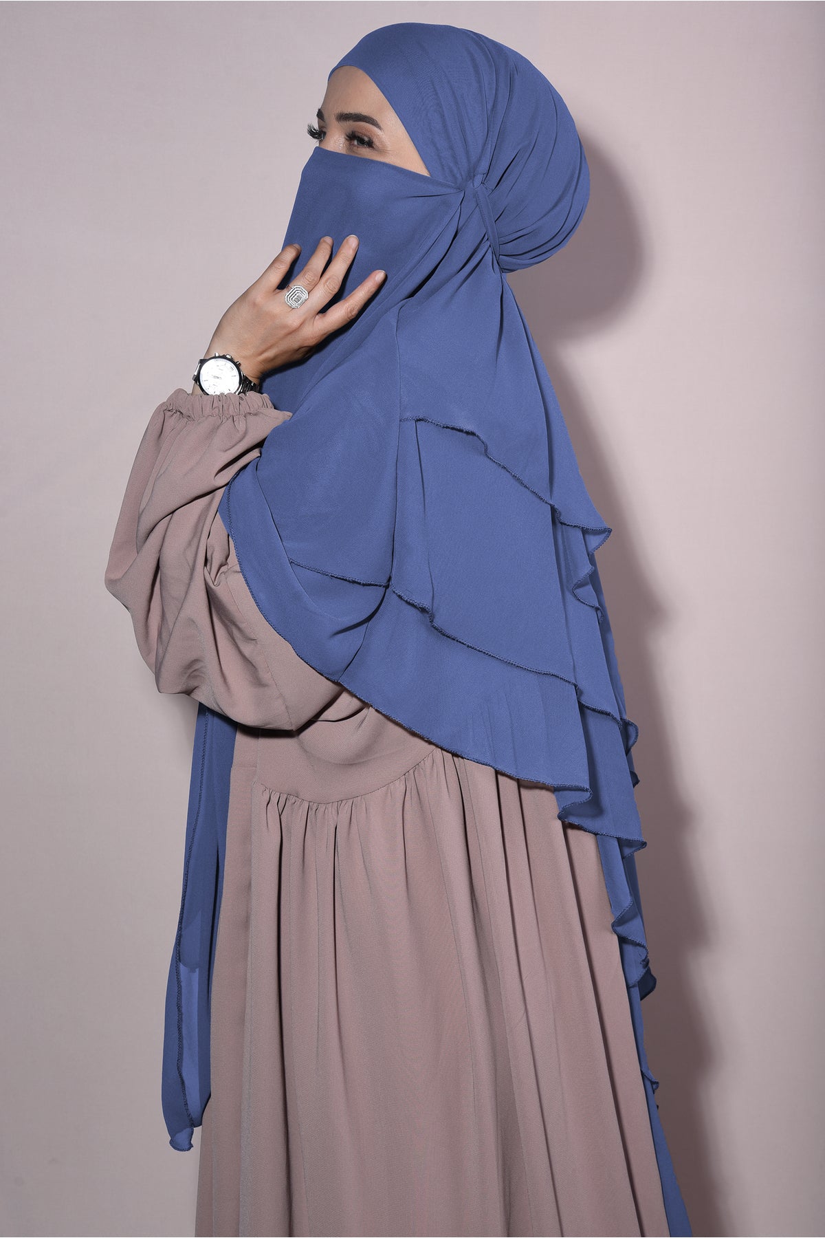 Long Layered Chiffon Khimar with Tie-Back Niqab — Lacivert