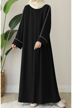 Relaxed Fit Crepe Abaya with Contrast Piping and Stand Collar — Siyah