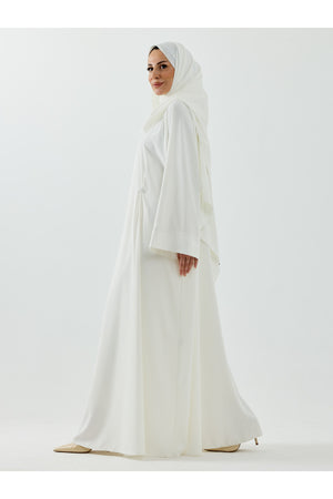 Modest Full-Zip Abaya with Matching Shayla and Button Cuffs — Beyaz