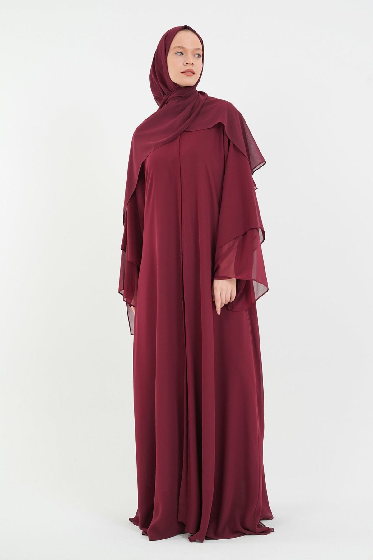 Long Lightweight Abaya and Matching Shawl Set with Snap Closure — bordo