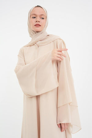 Long Lightweight Abaya and Matching Shawl Set with Snap Closure — acik-bej