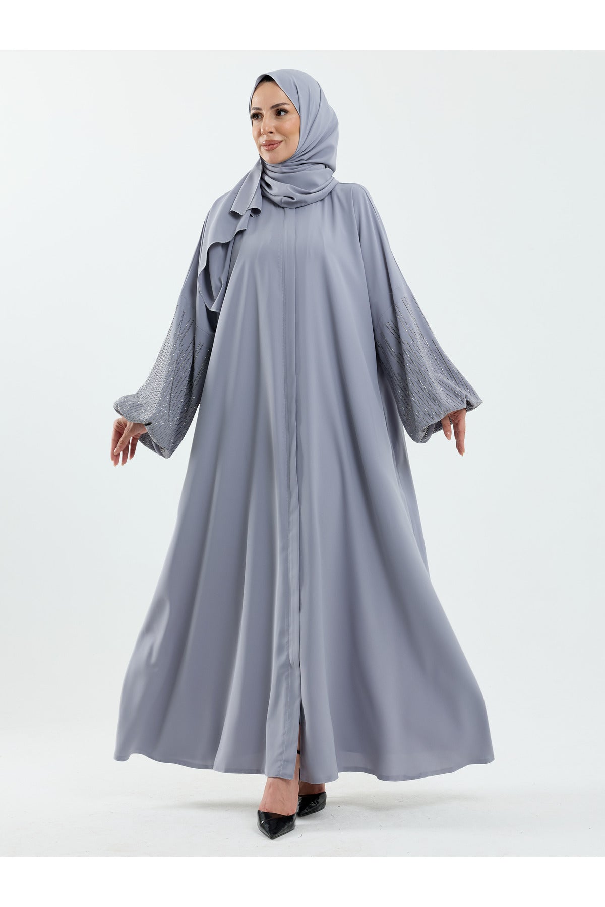 Abaya Set with Embellished Sleeves & Matching Shawl — Gri