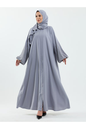 Abaya Set with Embellished Sleeves & Matching Shawl — Gri