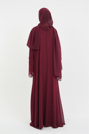 Long Lightweight Abaya and Matching Shawl Set with Snap Closure — bordo
