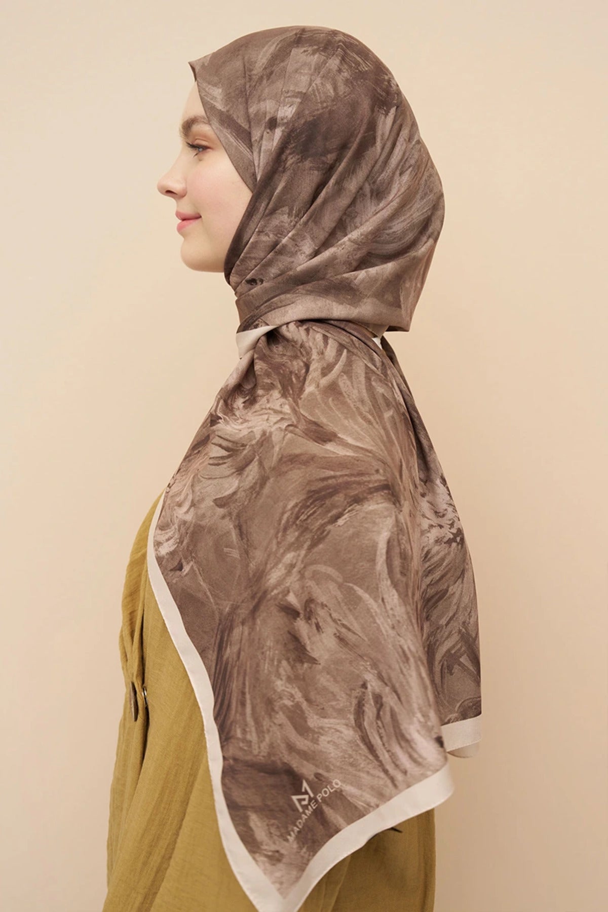 Flowing Peony Pattern Italian Silk Shawl — Bej