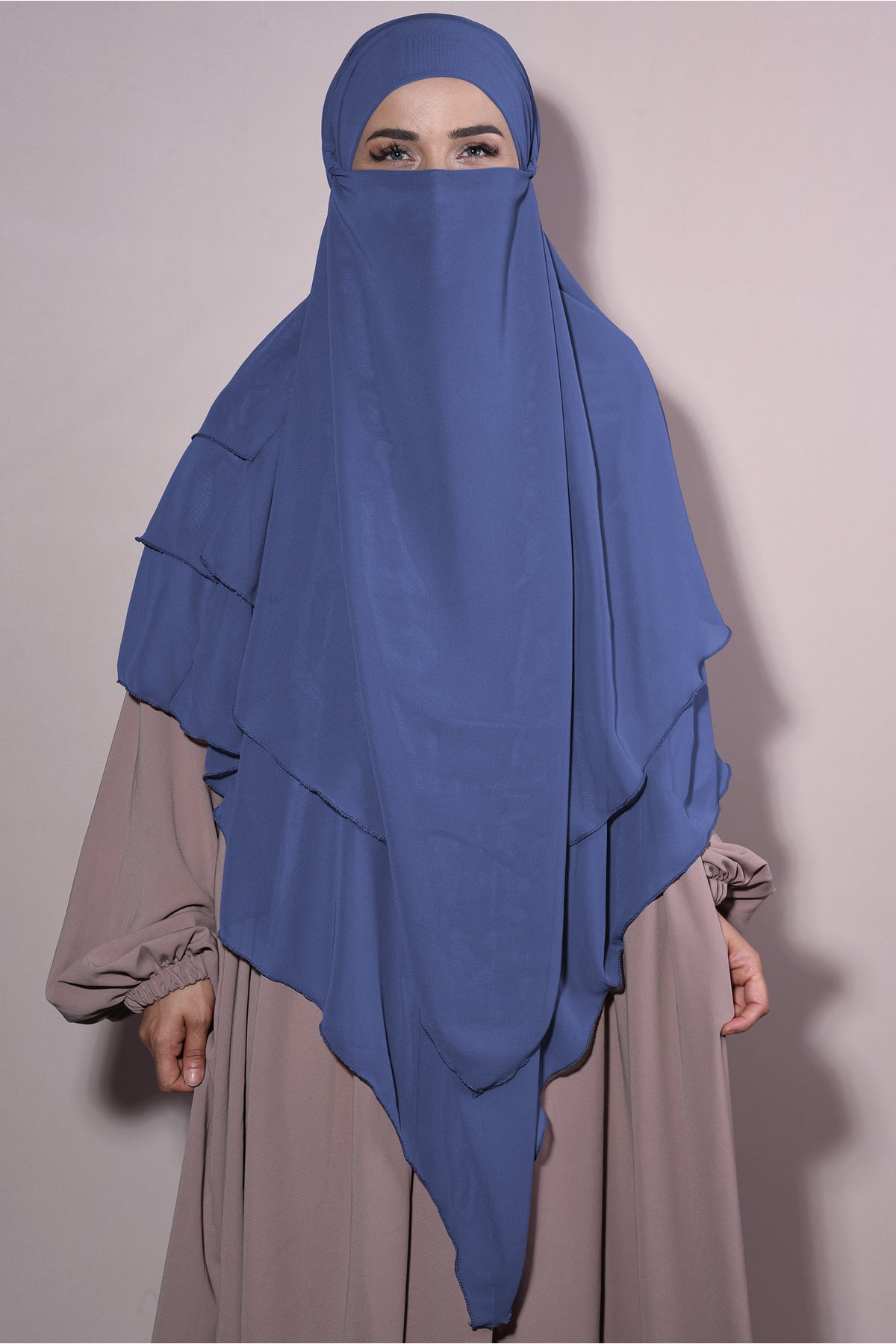 Long Layered Chiffon Khimar with Tie-Back Niqab — Lacivert