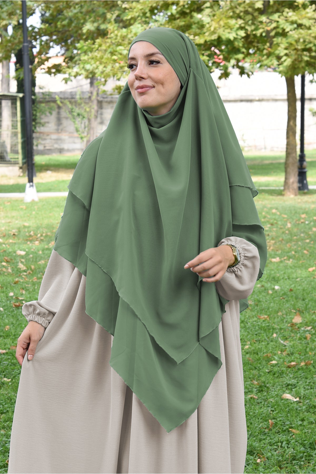 Long Layered Chiffon Khimar with Tie-Back Niqab — soft-yesil