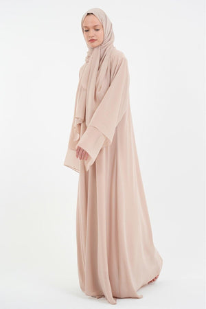 Long Lightweight Abaya and Matching Shawl Set with Snap Closure — koyu-bej
