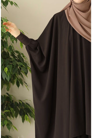 Modest Relaxed Fit Long Tunic & Skirt Set with Batwing Sleeves — Kahverengi
