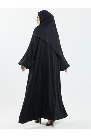 Abaya Set with Embellished Sleeves & Matching Shawl — Siyah