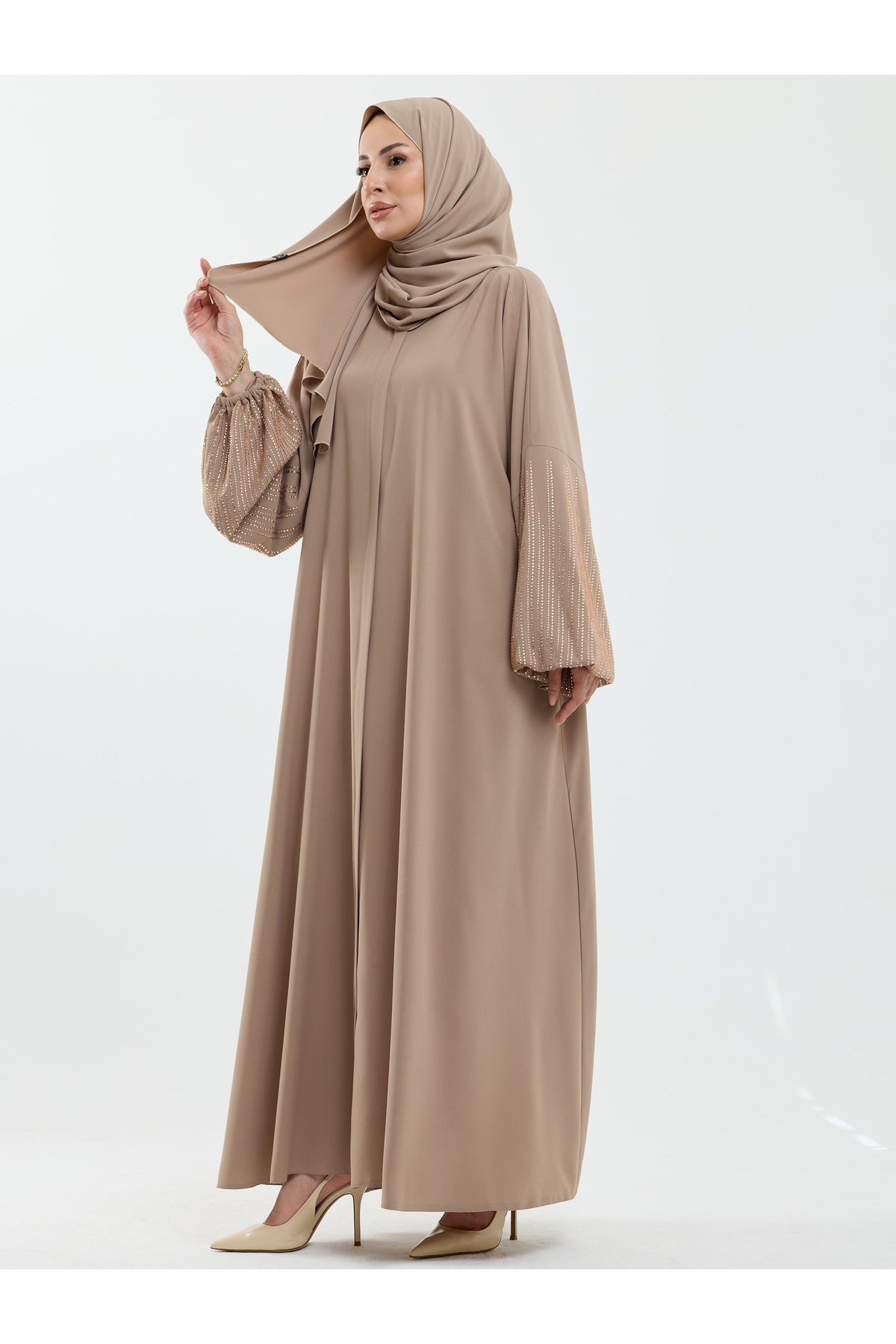 Abaya Set with Embellished Sleeves & Matching Shawl — Bej