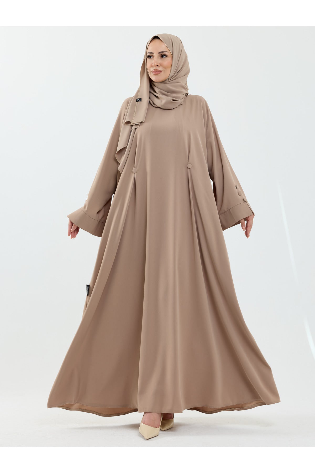 Modest Full-Zip Abaya with Matching Shayla and Button Cuffs — Bej