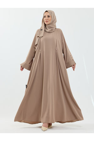 Modest Full-Zip Abaya with Matching Shayla and Button Cuffs — Bej