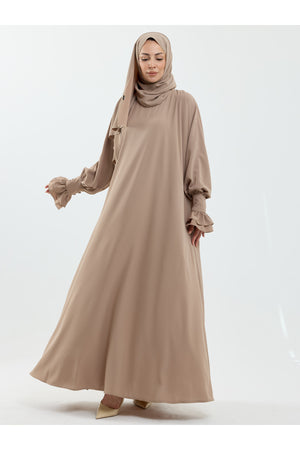 Beige Abaya with Gathered Cuffs & Matching Shawl