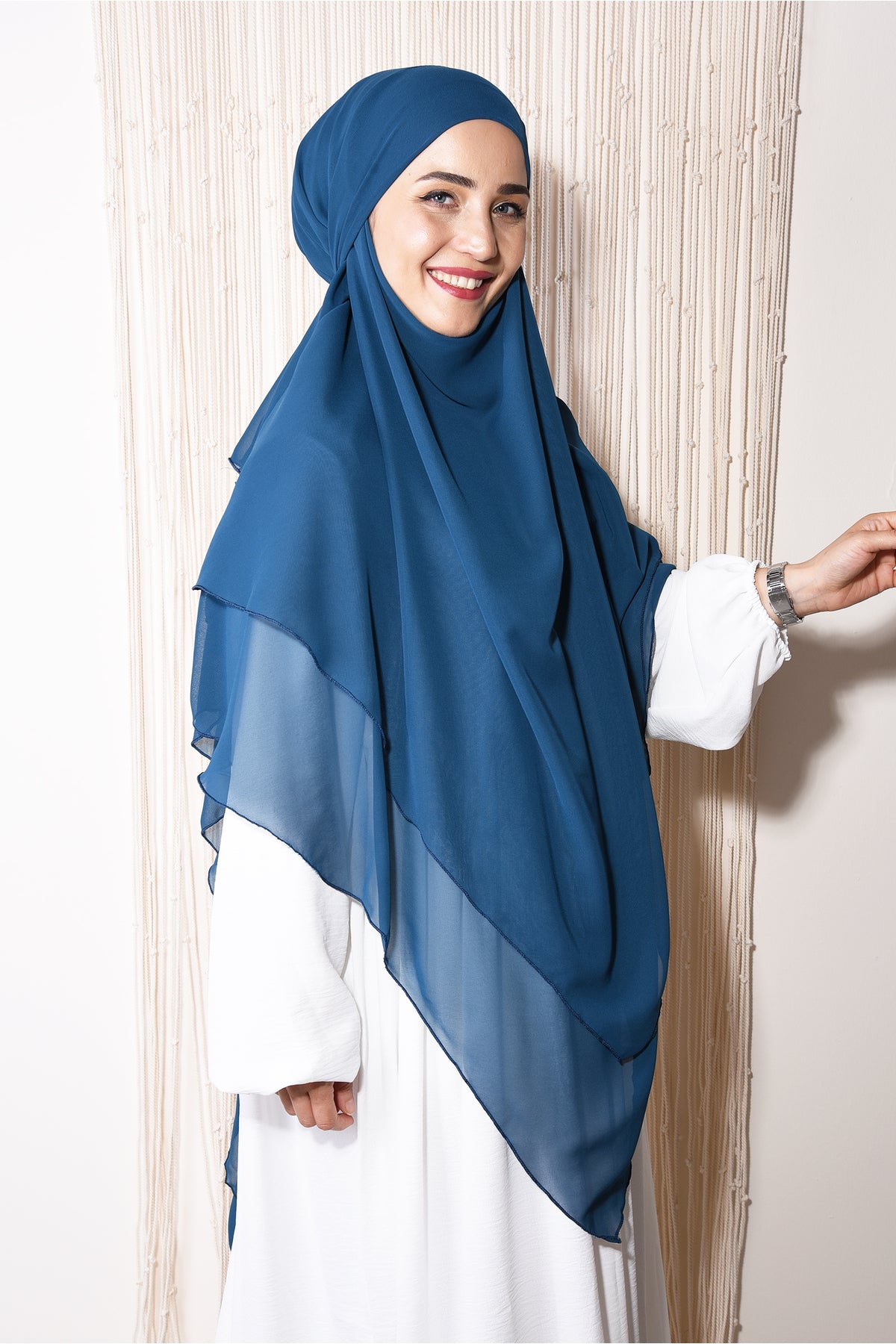 Long Layered Chiffon Khimar with Tie-Back Niqab — Mavi