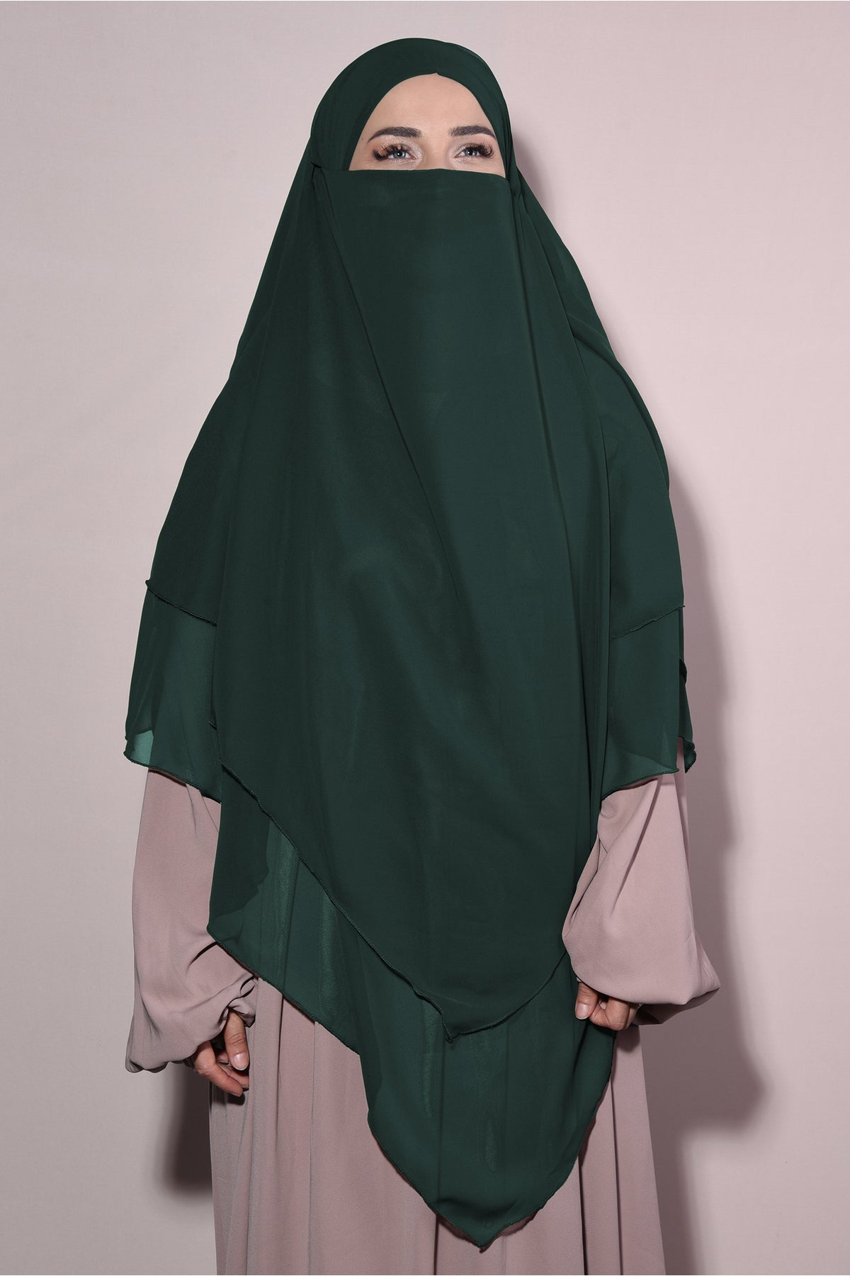Long Layered Chiffon Khimar with Tie-Back Niqab — Yeşil
