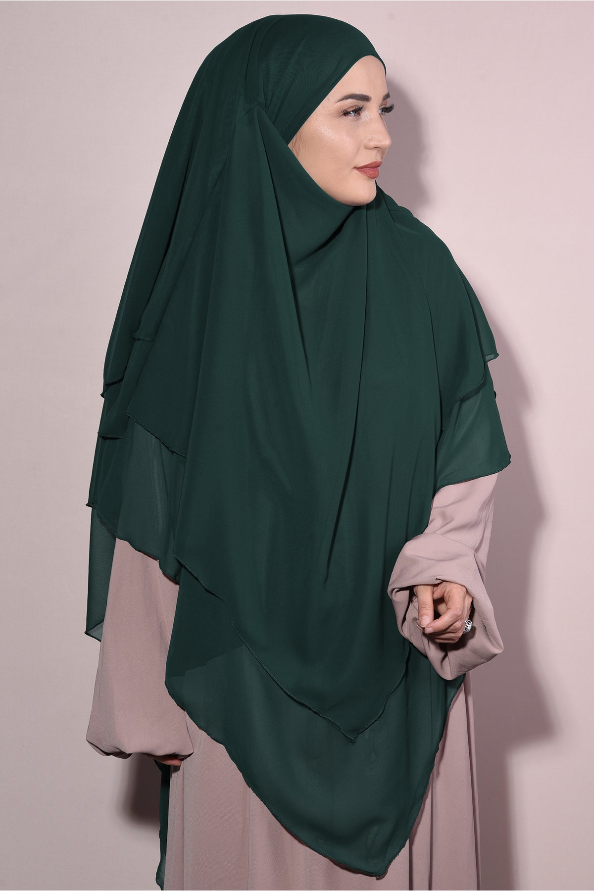 Long Layered Chiffon Khimar with Tie-Back Niqab — Yeşil