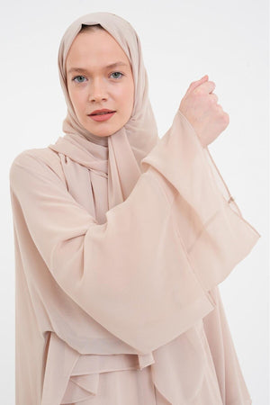 Long Lightweight Abaya and Matching Shawl Set with Snap Closure — koyu-bej