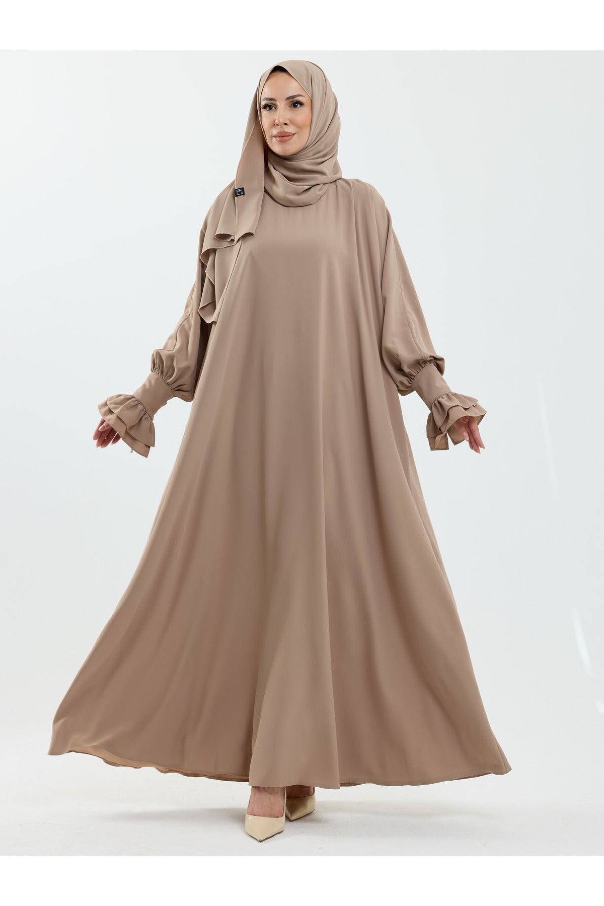 Beige Abaya with Gathered Cuffs & Matching Shawl