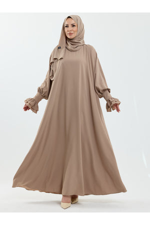 Beige Abaya with Gathered Cuffs & Matching Shawl