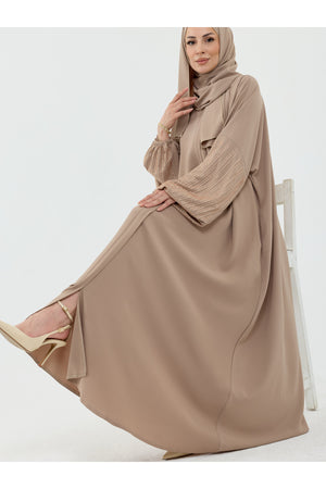 Abaya Set with Embellished Sleeves & Matching Shawl — Bej