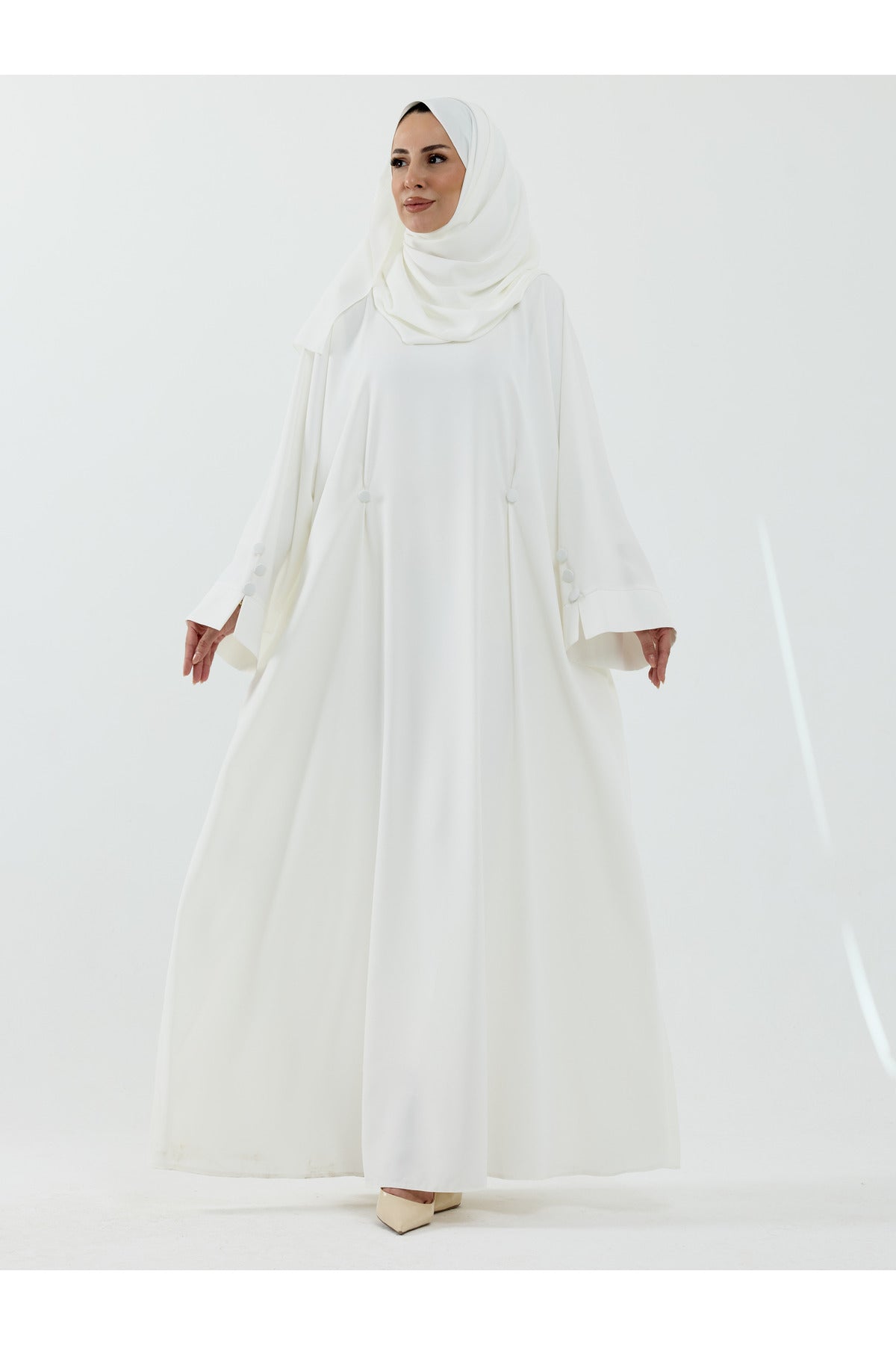 Modest Full-Zip Abaya with Matching Shayla and Button Cuffs — Beyaz