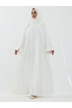 Modest Full-Zip Abaya with Matching Shayla and Button Cuffs — Beyaz