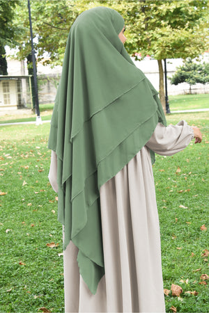 Long Layered Chiffon Khimar with Tie-Back Niqab — soft-yesil