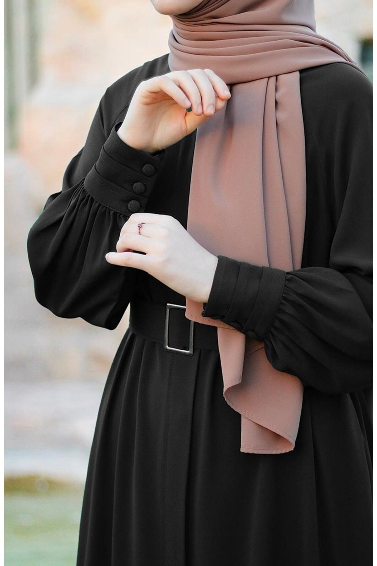 Relaxed Fit Long Crepe Ferace Dress with Adjustable Belt — Siyah