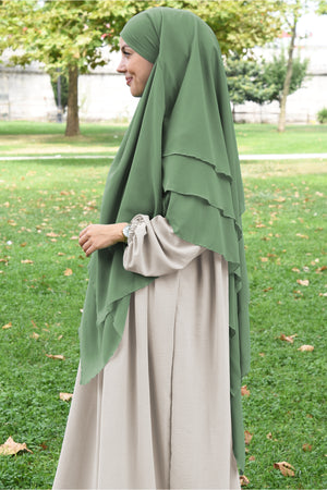 Long Layered Chiffon Khimar with Tie-Back Niqab — soft-yesil