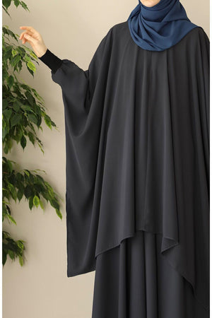 Modest Relaxed Fit Long Tunic & Skirt Set with Batwing Sleeves — Gri
