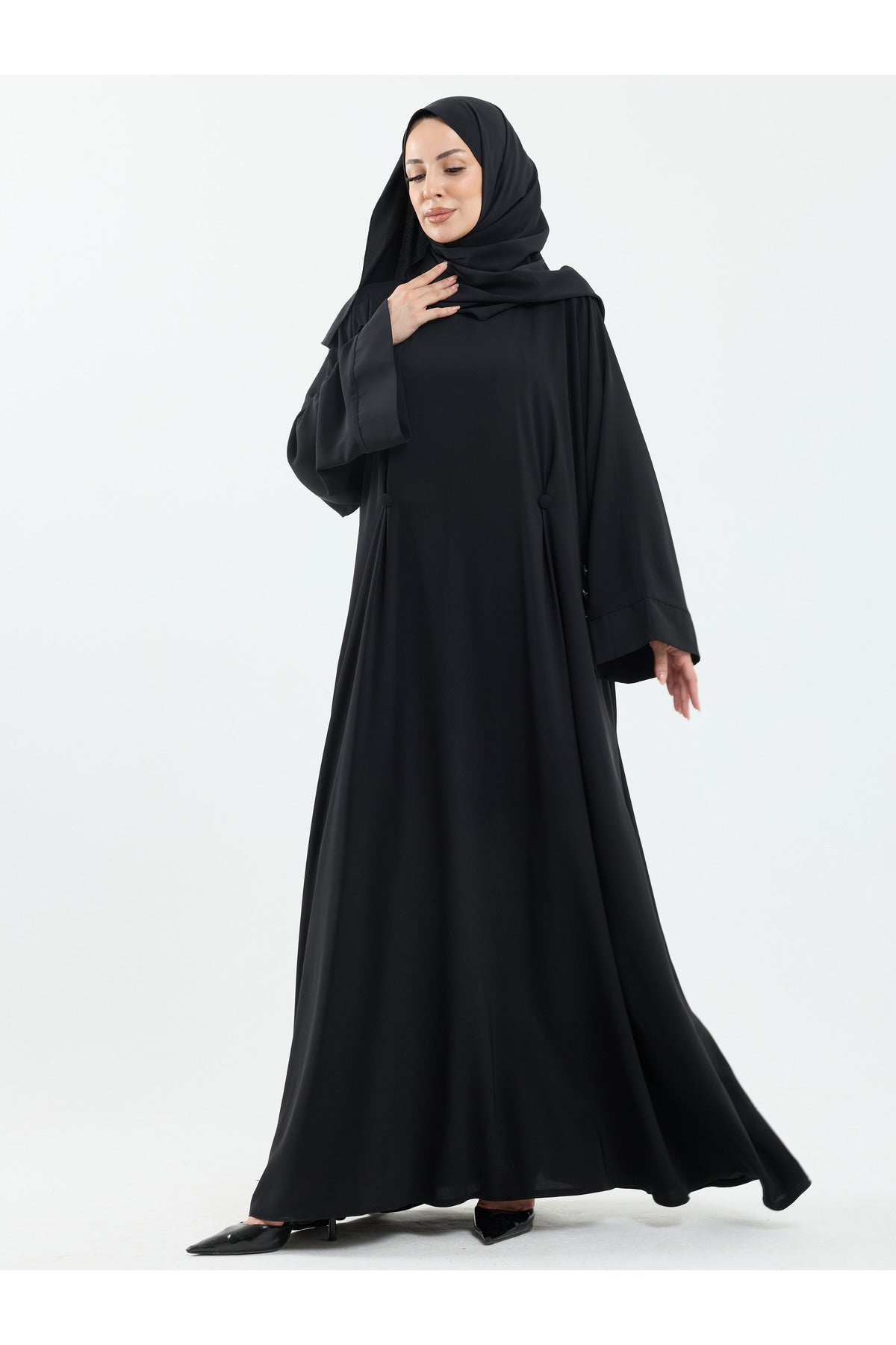 Modest Full-Zip Abaya with Matching Shayla and Button Cuffs — Siyah