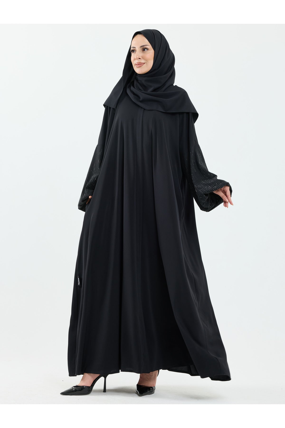 Abaya Set with Embellished Sleeves & Matching Shawl — Siyah