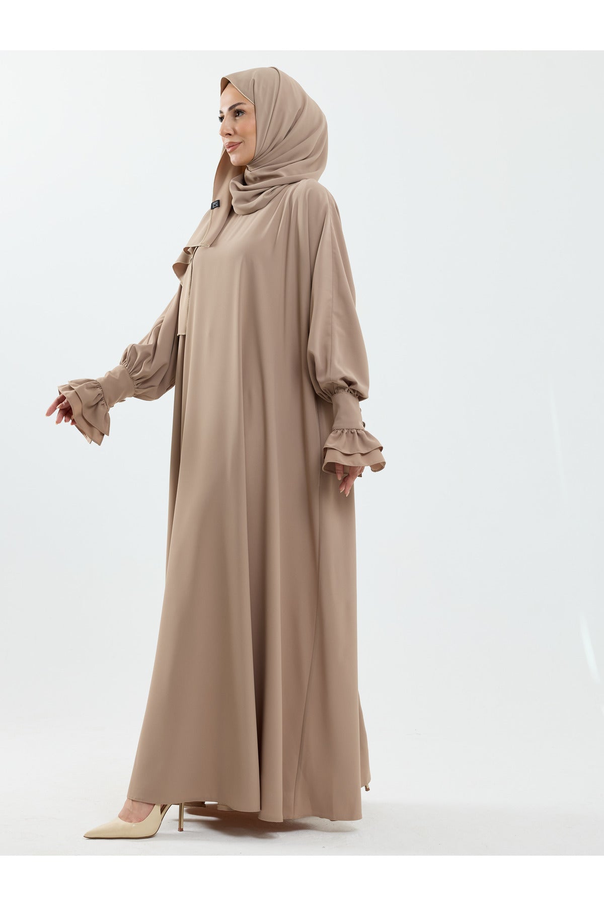 Beige Abaya with Gathered Cuffs & Matching Shawl