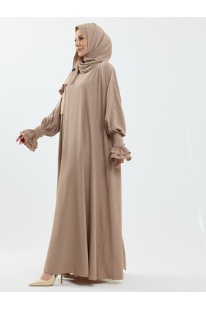 Beige Abaya with Gathered Cuffs & Matching Shawl