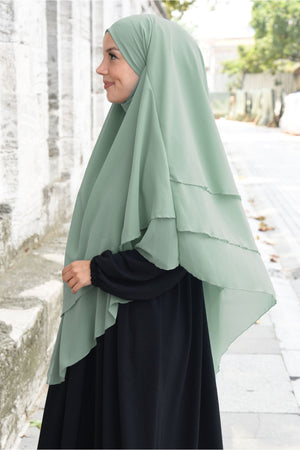 Long Layered Chiffon Khimar with Tie-Back Niqab — yesil