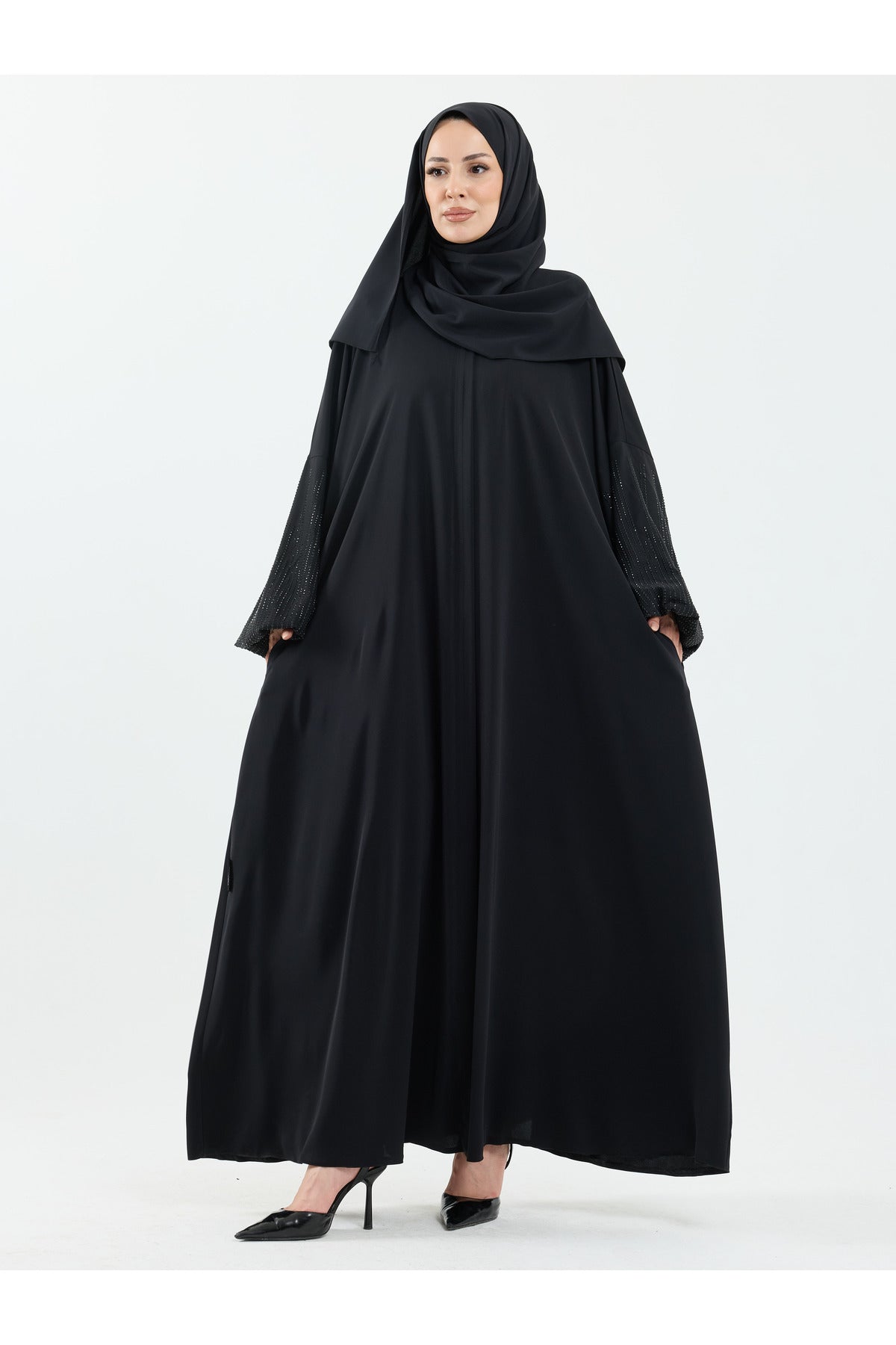 Abaya Set with Embellished Sleeves & Matching Shawl — Siyah