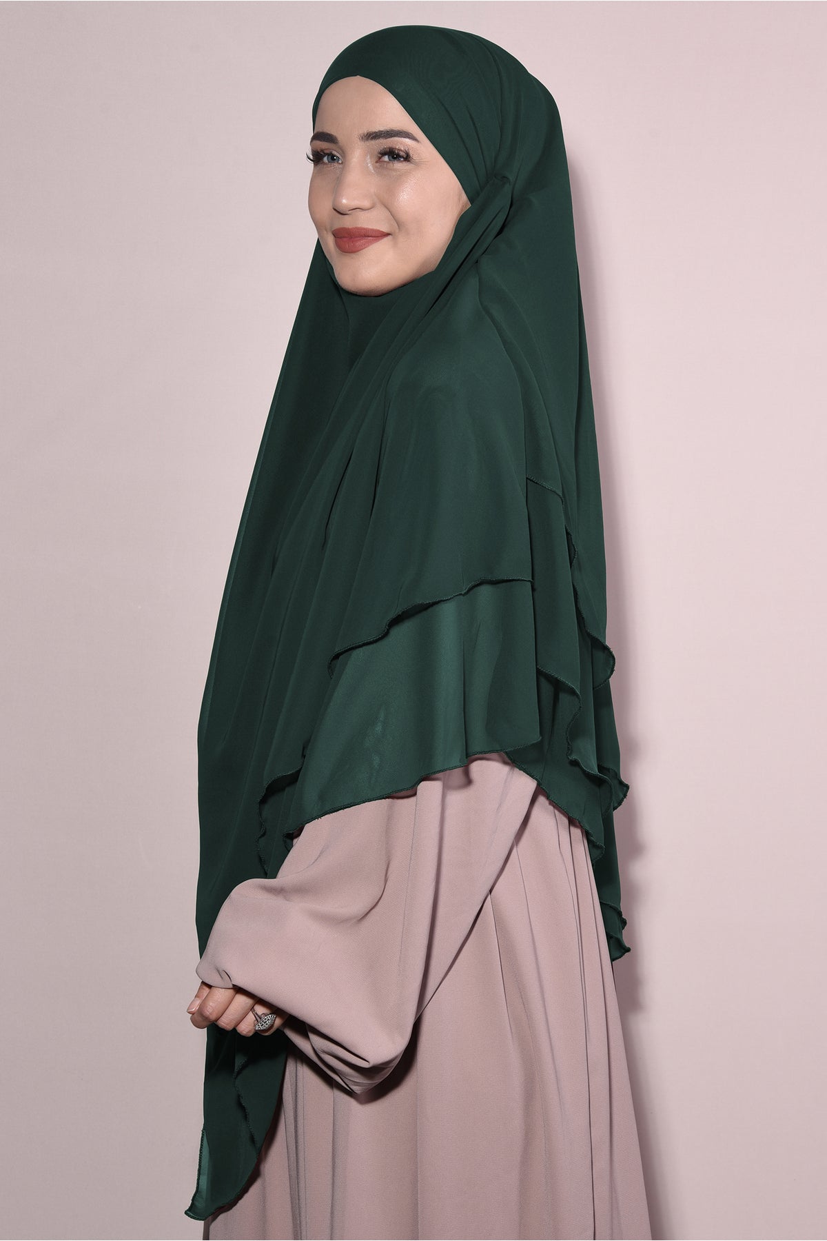 Long Layered Chiffon Khimar with Tie-Back Niqab — Yeşil