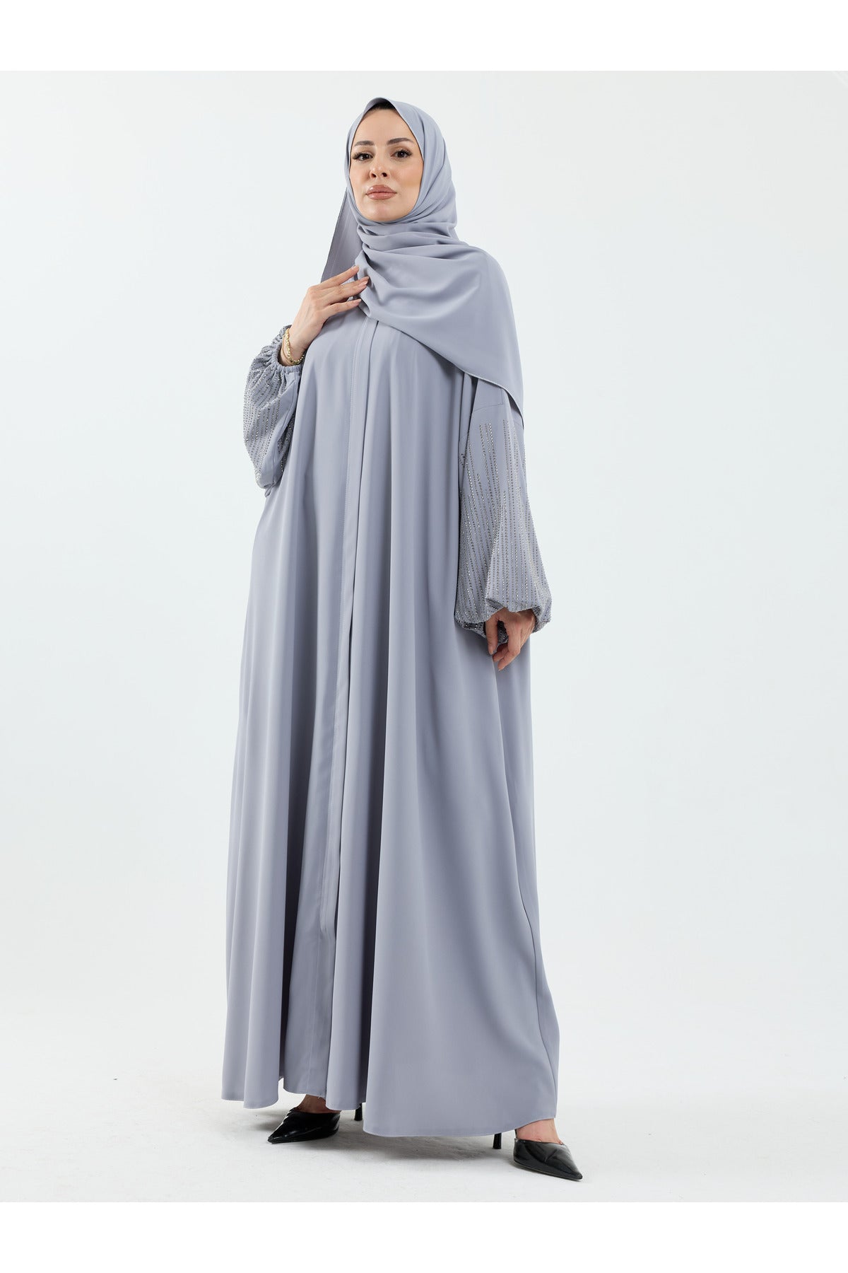Abaya Set with Embellished Sleeves & Matching Shawl — Gri