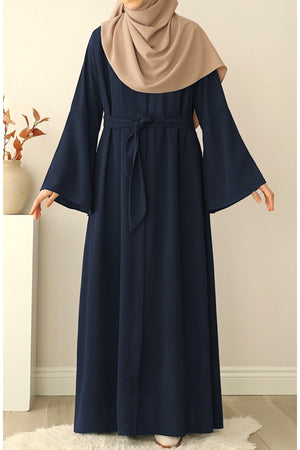 Navy Crepe Abaya with Stand Collar, Batwing Sleeves, and Belt