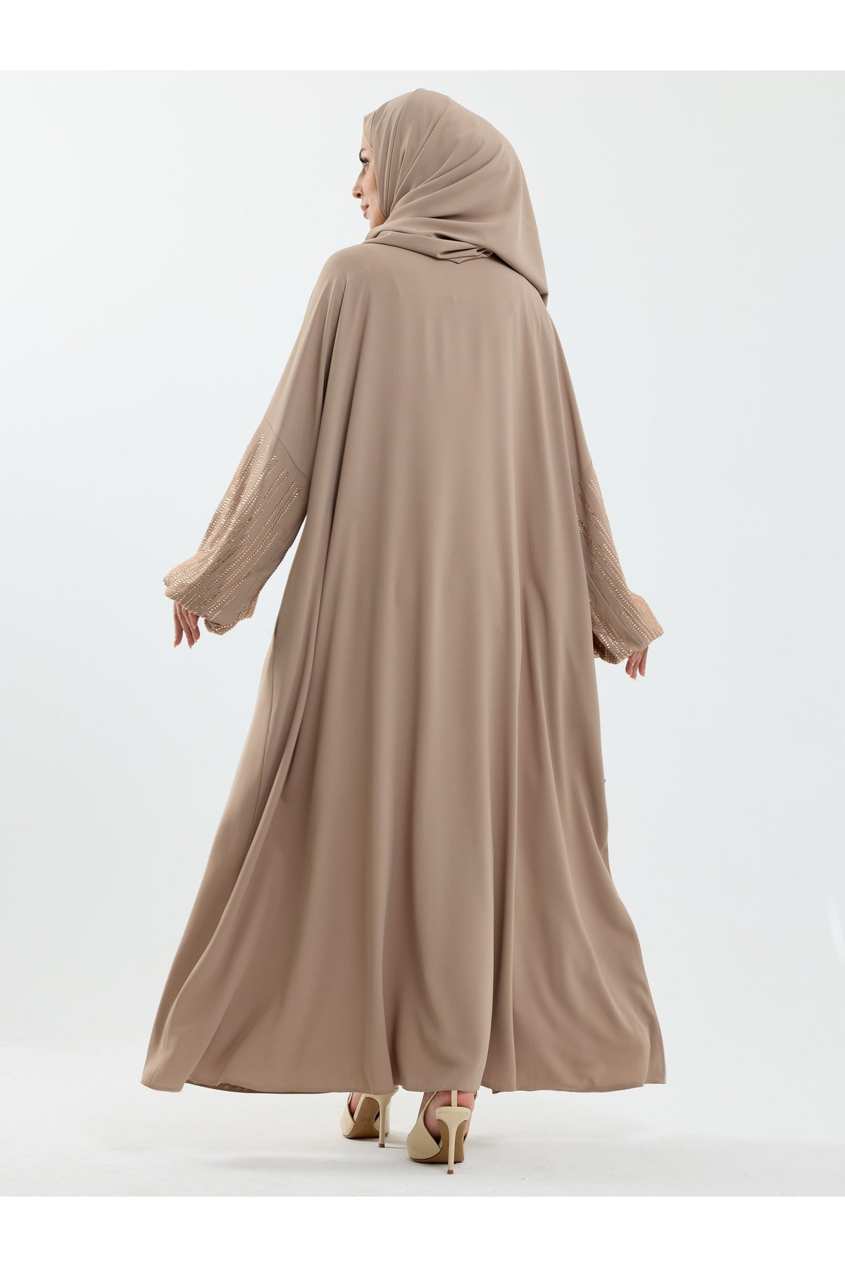 Abaya Set with Embellished Sleeves & Matching Shawl — Bej