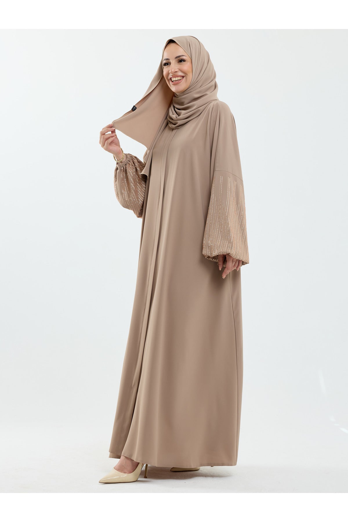 Abaya Set with Embellished Sleeves & Matching Shawl — Bej