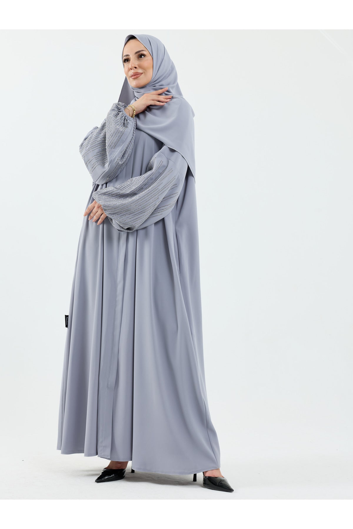 Abaya Set with Embellished Sleeves & Matching Shawl — Gri