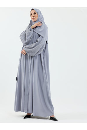 Abaya Set with Embellished Sleeves & Matching Shawl — Gri