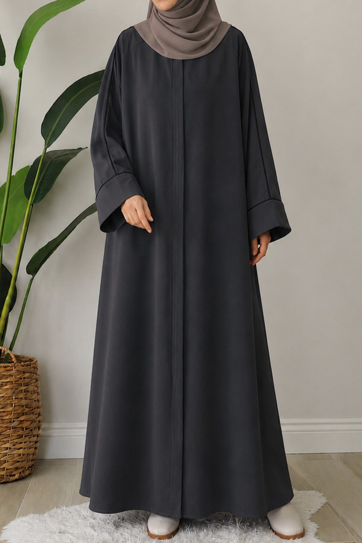Relaxed Fit Crepe Abaya with Contrast Piping and Stand Collar — fume