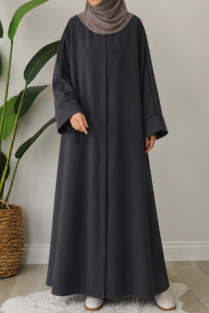 Relaxed Fit Crepe Abaya with Contrast Piping and Stand Collar — fume