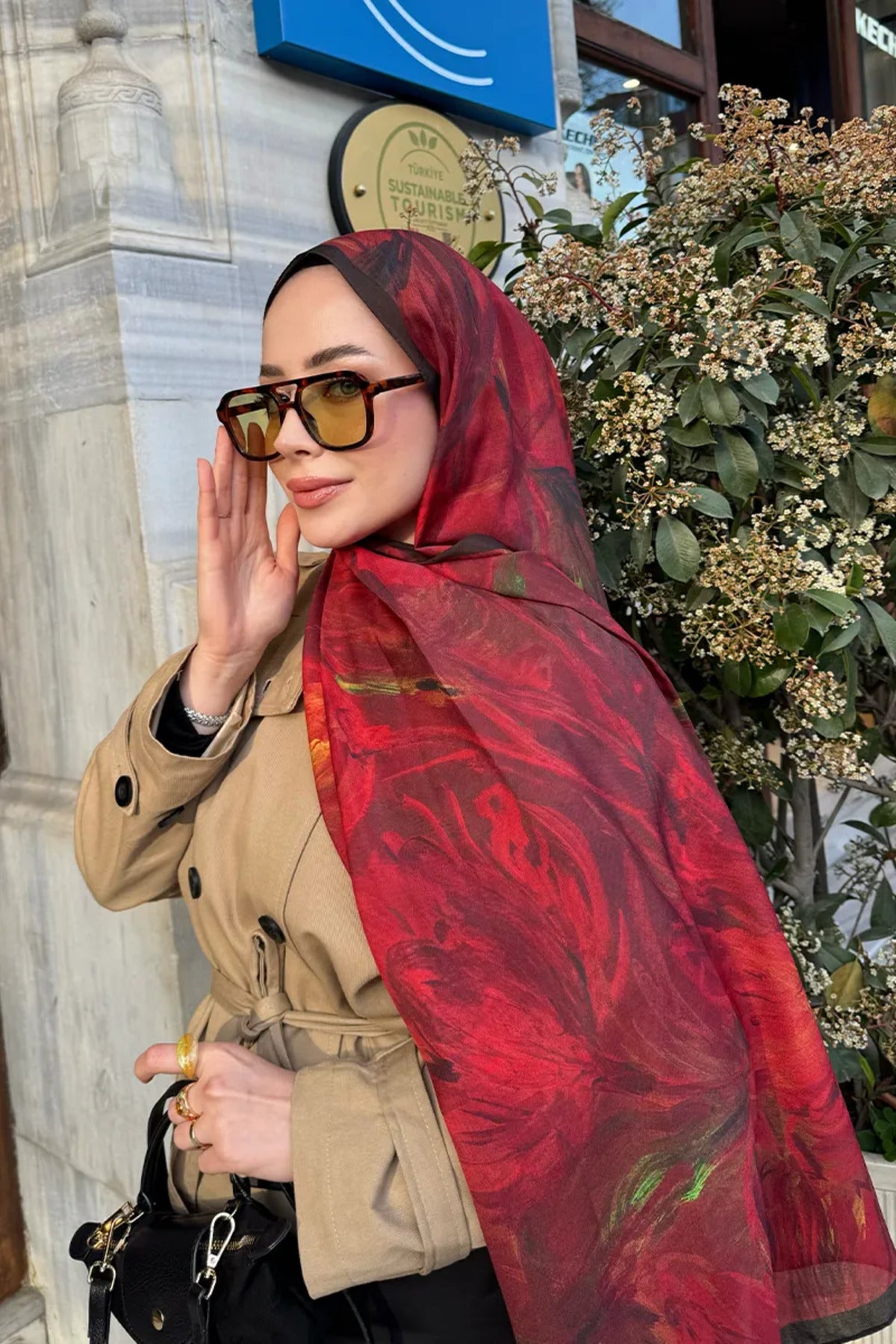 Flowing Peony Pattern Italian Silk Shawl — Bordo