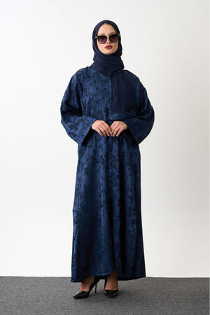 Long Patterned Abaya with Belt and Snap Closure