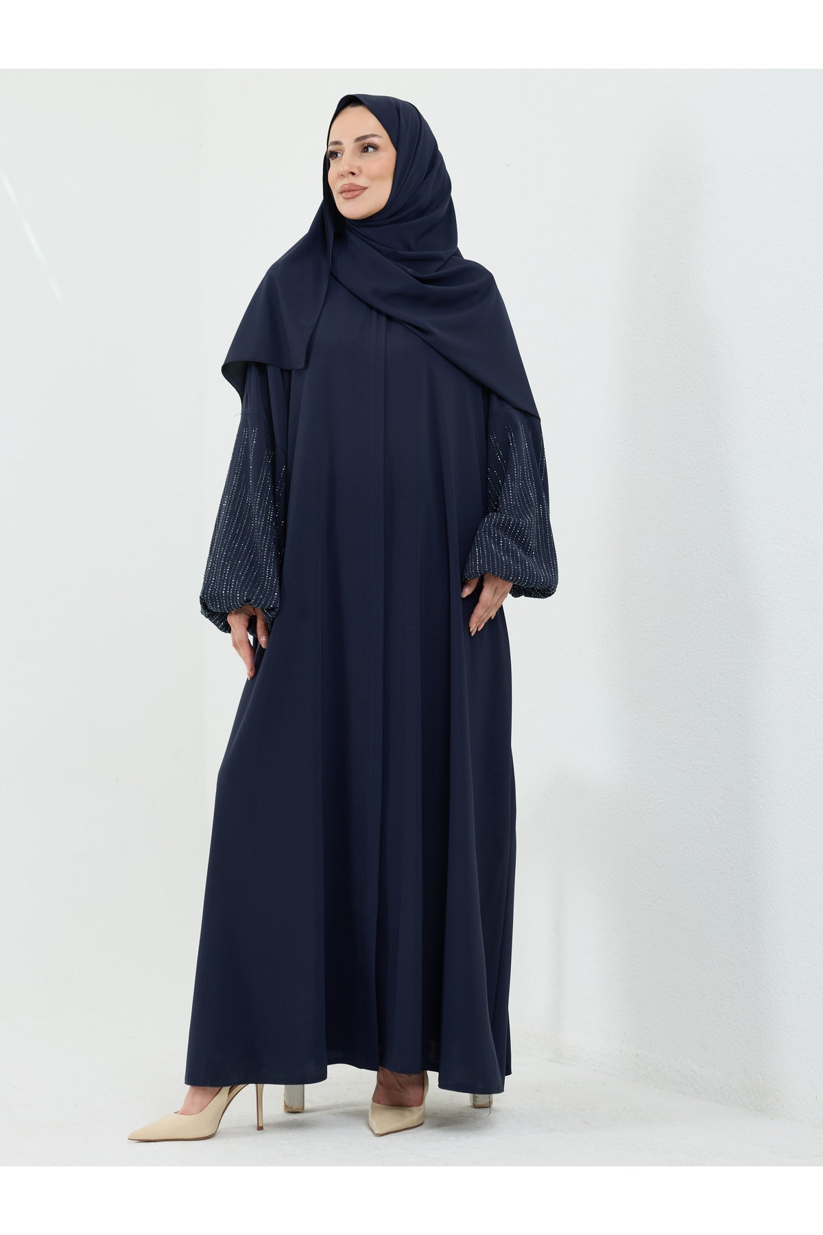 Abaya Set with Embellished Sleeves & Matching Shawl — Lacivert